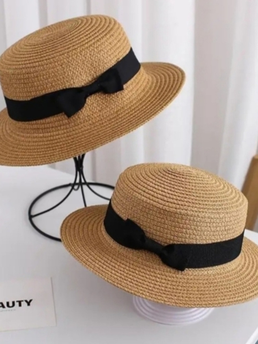 Straw Sun Hat with Black Ribbon Bow - Women Accessories MOM and Kids